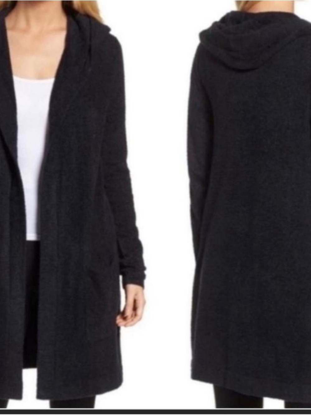 Barefoot Dreams Cozy Lite Black Hooded Open-Front Long Cardigan sz Large